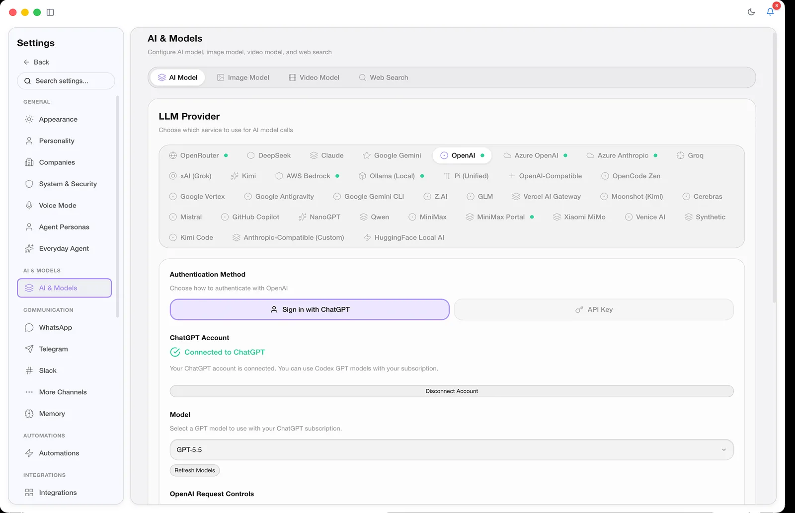 CoWork OS AI model provider settings