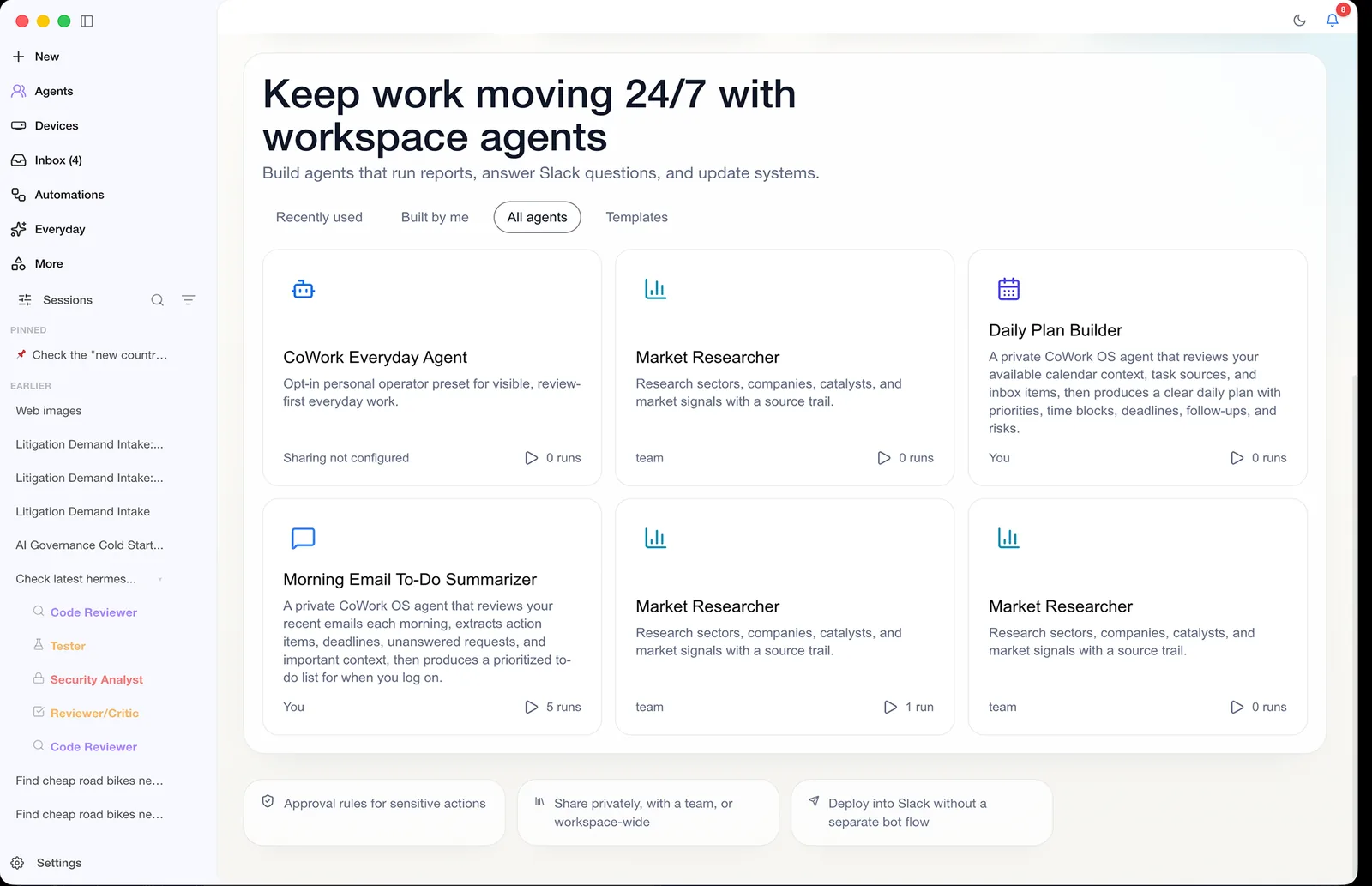 CoWork OS agent templates and workspace agent cards