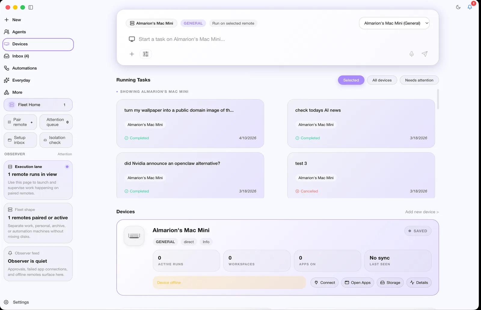CoWork OS running tasks and connected device queue