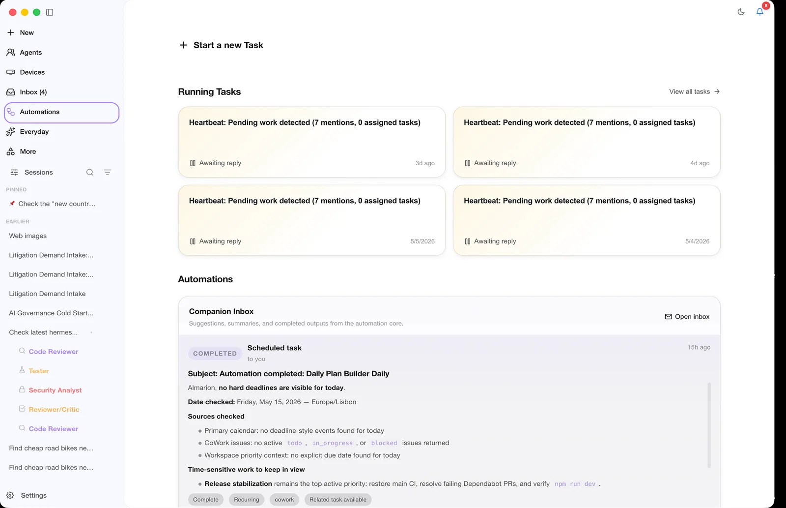 CoWork OS automations and background task summaries